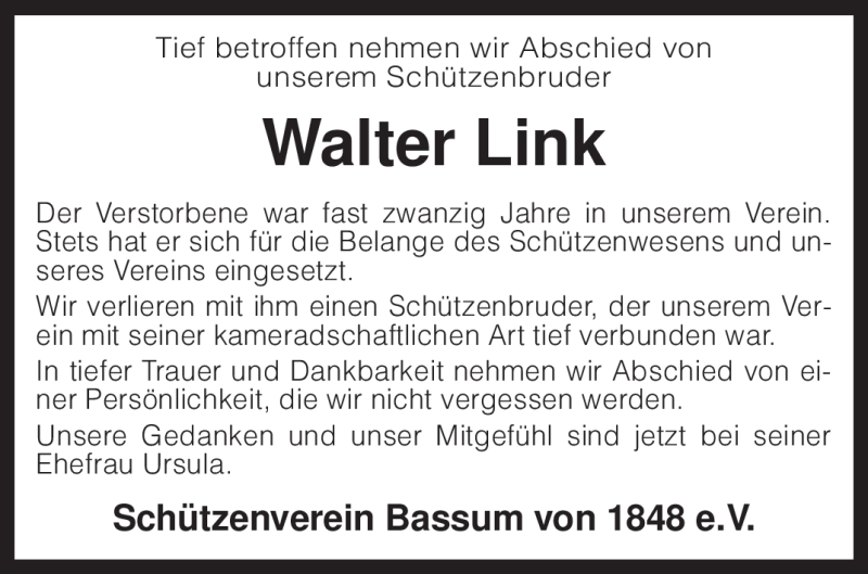  Traueranzeige für Walter Link vom 21.01.2010 aus KREISZEITUNG SYKE