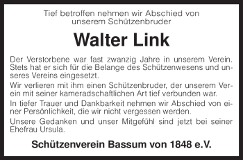 Traueranzeige von Walter Link von KREISZEITUNG SYKE