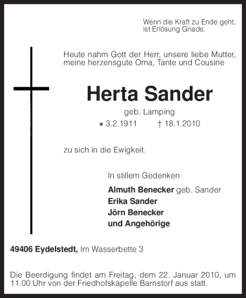 Traueranzeige von Herta Sander von KREISZEITUNG SYKE