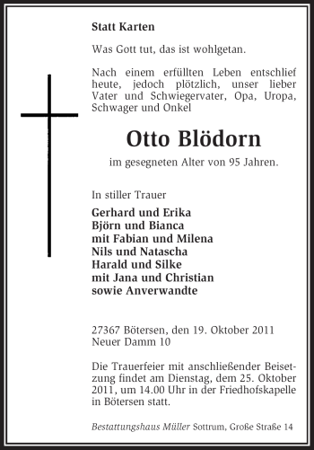 Traueranzeige von Otto Blödorn von KREISZEITUNG SYKE