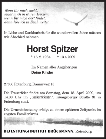 Traueranzeige von Horst Spitzer von KREISZEITUNG SYKE