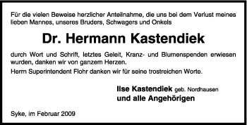 Traueranzeige von Hermann Kastendiek von KREISZEITUNG SYKE