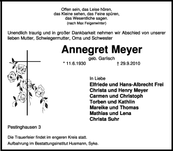 Traueranzeige von Margarete Meyer von KREISZEITUNG SYKE