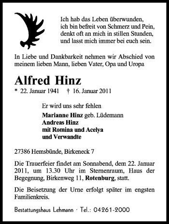 Traueranzeige von Alfred Hinz von KREISZEITUNG SYKE