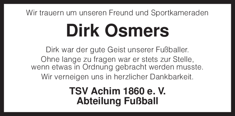 Traueranzeige für Dirk Osmers vom 16.07.2010 aus KREISZEITUNG SYKE