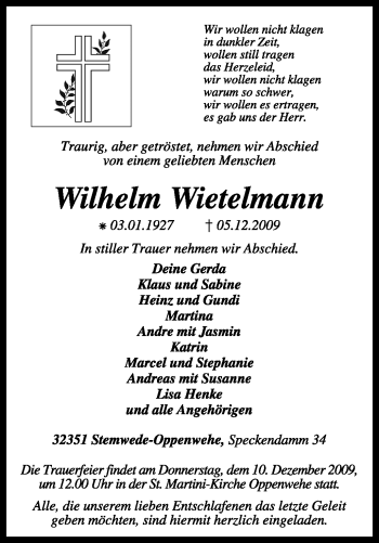 Traueranzeige von Wilhelm Wietelmann von KREISZEITUNG SYKE