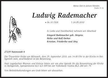 Traueranzeige von Ludwig Rademacher von KREISZEITUNG SYKE