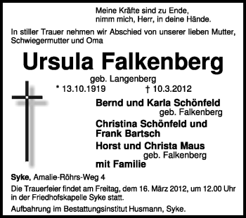 Traueranzeige von Ursula Falkenberg von KREISZEITUNG SYKE