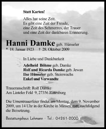 Traueranzeige von Hanni Damke von KREISZEITUNG SYKE