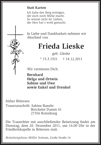 Traueranzeige von Frieda Lieske von KREISZEITUNG SYKE