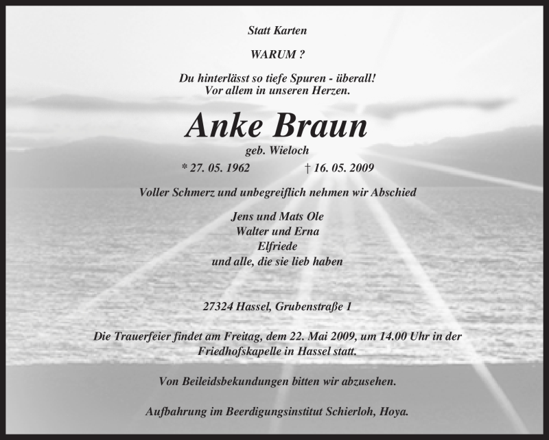  Traueranzeige für Anke Braun vom 18.05.2009 aus KREISZEITUNG SYKE