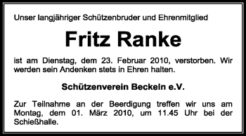 Traueranzeige von Fritz Ranke von KREISZEITUNG SYKE