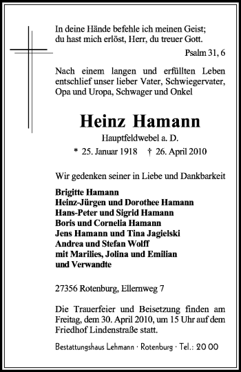 Traueranzeige von Heinz Hamann von KREISZEITUNG SYKE