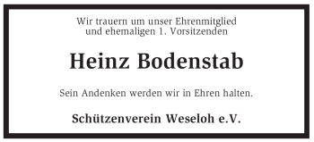 Traueranzeige von Heinz Bodenstab von KREISZEITUNG SYKE