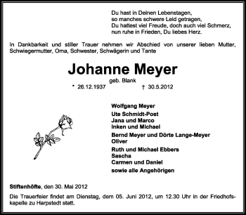 Traueranzeige von Johanne Meyer von KREISZEITUNG SYKE