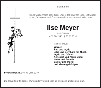 Traueranzeige von Ilse Meyer von KREISZEITUNG SYKE