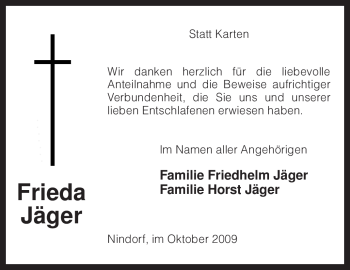 Traueranzeige von Frieda Jäger von KREISZEITUNG SYKE