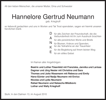 Traueranzeige von Hannelore Gertrud Neumann von KREISZEITUNG SYKE