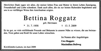 Traueranzeige von Bettina Roggatz von KREISZEITUNG SYKE