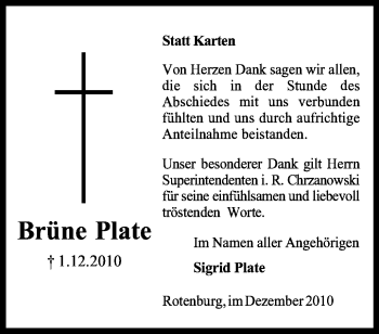 Traueranzeige von Brüne Plate von KREISZEITUNG SYKE