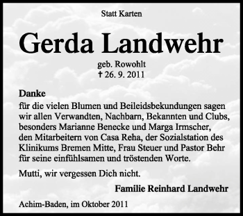 Traueranzeige von Gerda Landwehr von KREISZEITUNG SYKE