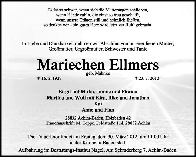  Traueranzeige für Mariechen Ellmers vom 27.03.2012 aus KREISZEITUNG SYKE