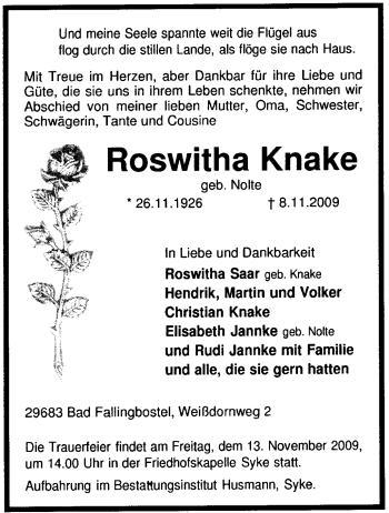 Traueranzeige von Roswitha Knake von KREISZEITUNG SYKE