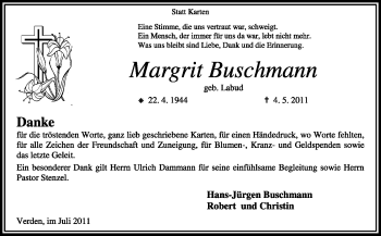 Traueranzeige von Margrit Buschmann von KREISZEITUNG SYKE