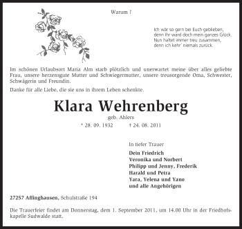 Traueranzeige von Klara Wehrenberg von KREISZEITUNG SYKE