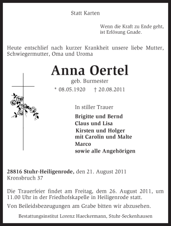 Traueranzeige von Anna Oertel von KREISZEITUNG SYKE