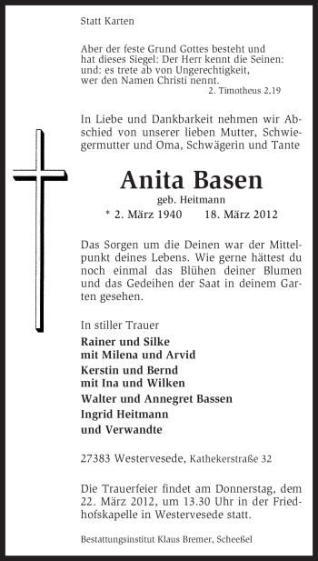 Traueranzeige von Anita Basen von KREISZEITUNG SYKE