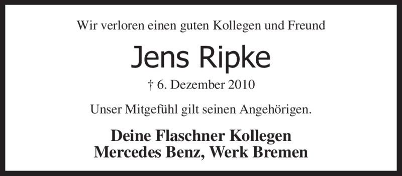  Traueranzeige für Jens Ripke vom 09.12.2010 aus KREISZEITUNG SYKE