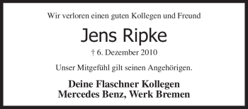 Traueranzeige von Jens Ripke von KREISZEITUNG SYKE