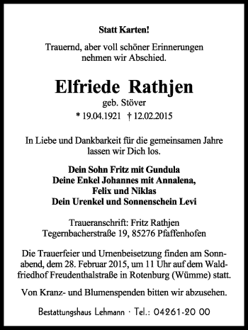Traueranzeige von Elfriede Rathjen von KRZ