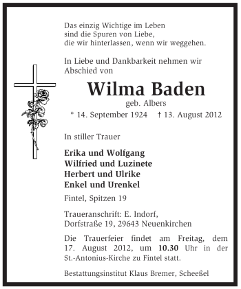 Traueranzeige von Wilma Baden von KREISZEITUNG SYKE