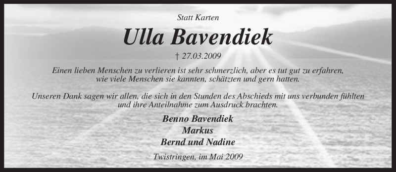 Traueranzeige für Ulla Bavendiek vom 02.05.2009 aus KREISZEITUNG SYKE