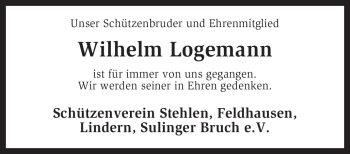 Traueranzeige von Wilhelm Logemann von KREISZEITUNG SYKE