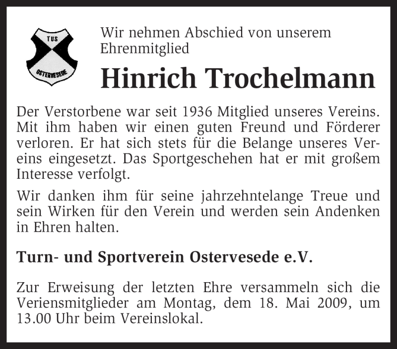  Traueranzeige für Hinrich Trochelmann vom 16.05.2009 aus KREISZEITUNG SYKE
