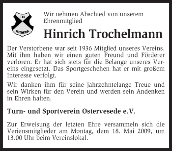 Traueranzeige von Hinrich Trochelmann von KREISZEITUNG SYKE
