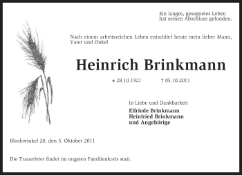 Traueranzeige von Heinrich Brinkmann von KREISZEITUNG SYKE