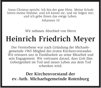 Traueranzeige von Heinrich Friedrich Meyer von KREISZEITUNG SYKE
