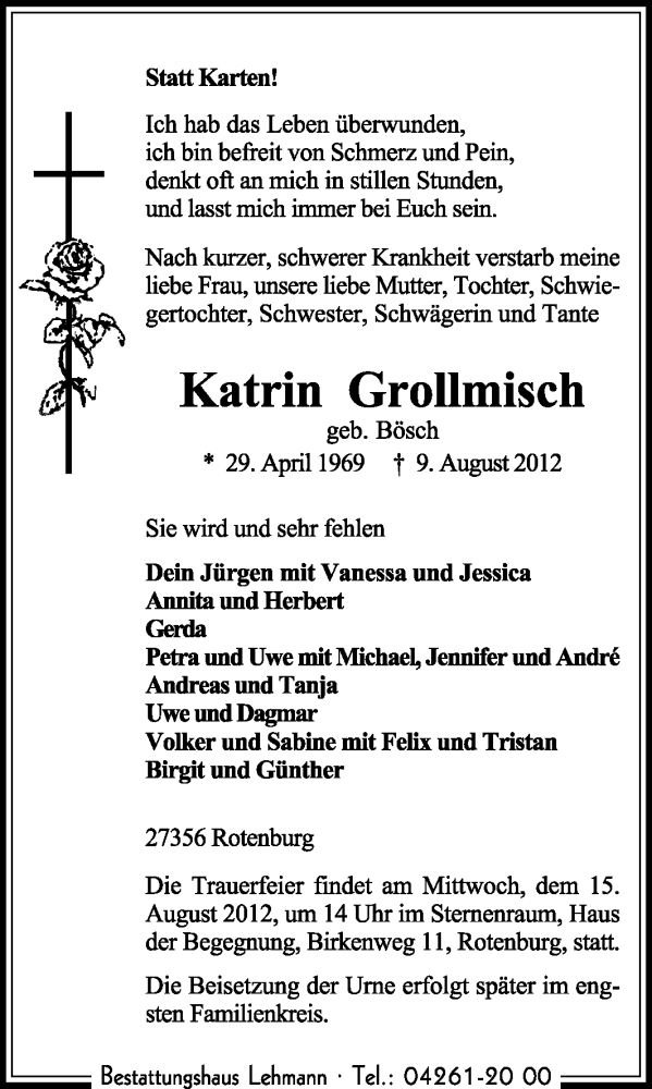  Traueranzeige für Katrin Grollmisch vom 13.08.2012 aus KREISZEITUNG SYKE