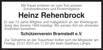 Traueranzeige von Heinz Rehenbrock von KREISZEITUNG SYKE