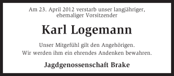 Traueranzeige von Karl Logemann von KREISZEITUNG SYKE