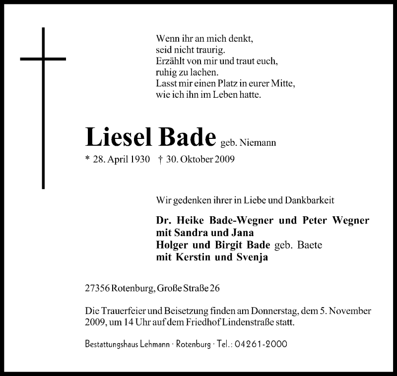  Traueranzeige für Liesel Bade vom 02.11.2009 aus KREISZEITUNG SYKE
