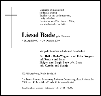 Traueranzeige von Liesel Bade von KREISZEITUNG SYKE