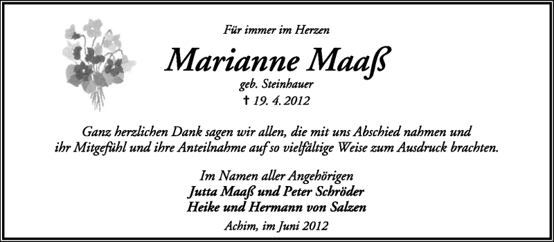  Traueranzeige für Marianne Maaß vom 02.06.2012 aus KREISZEITUNG SYKE