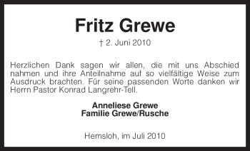 Traueranzeige von Fritz Grewe von KREISZEITUNG SYKE