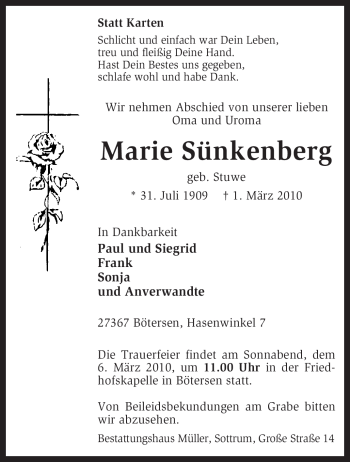 Traueranzeige von Marie Sünkenberg von KREISZEITUNG SYKE