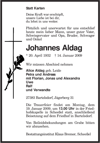 Traueranzeige von Johannes Aldag von KREISZEITUNG SYKE